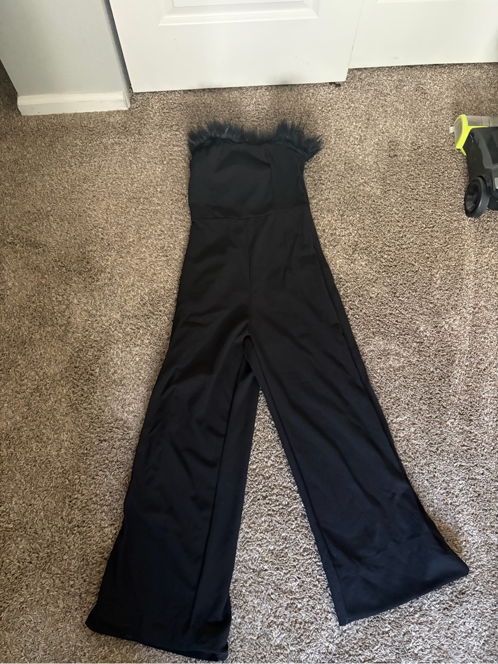 Strapless Black Wide-Leg Jumpsuit with Feather Trim